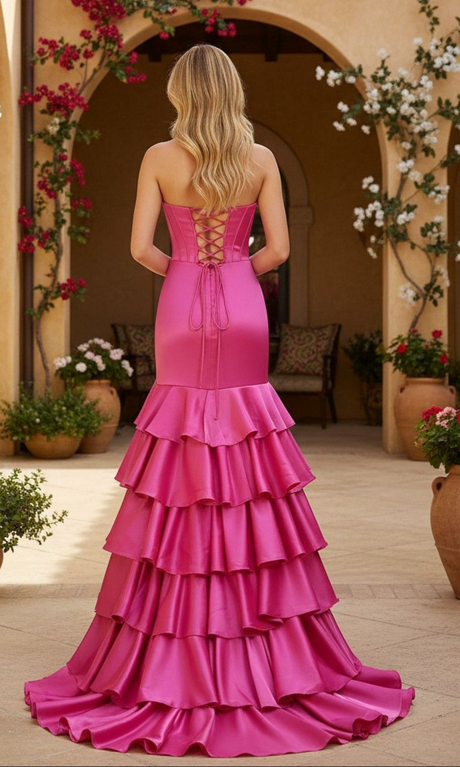 Wearing the PromGirl Exclusive 250069 long prom dress, a woman stands outdoors in a strapless mermaid gown with a lace-up back, her bright pink ruffled skirt glowing among potted plants and blooming vines.